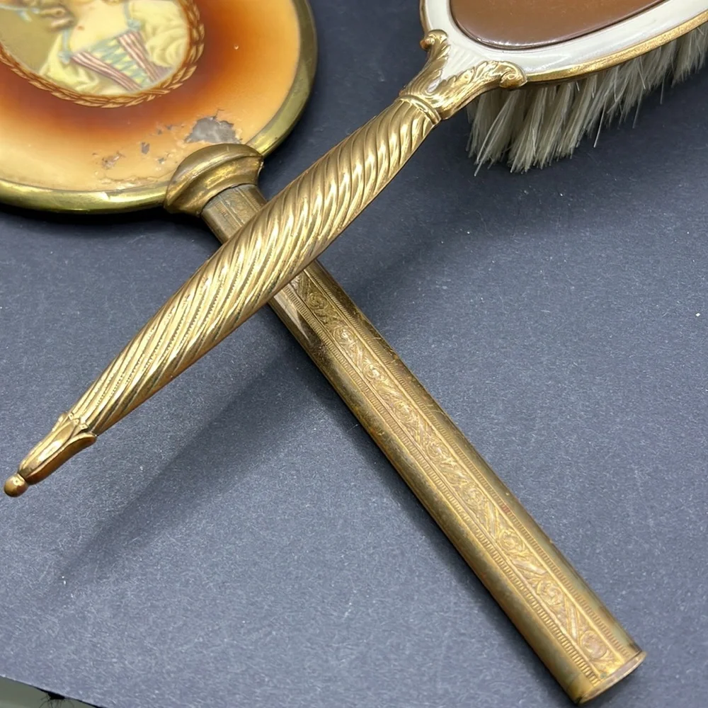 Vintage cameo hand mirror and brush set